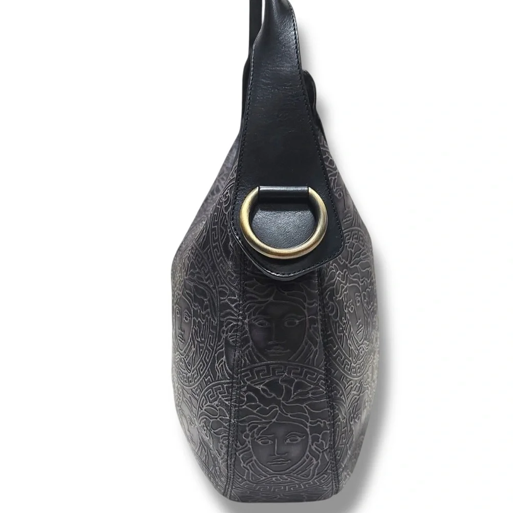 Vintage Versace Black Embossed Medusa Black Leather Women's Hobo Shoulder Bag